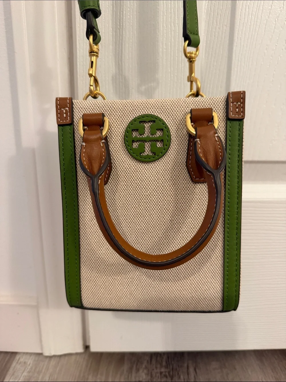 Tory Burch Green Trim Canvas Mini Blake Crossbody Purse